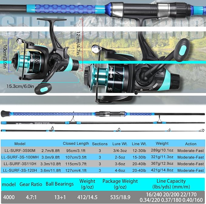 Sougayilang 3 Piece Baitfeeder Combo Surf Fishing Rod Combo Medium/Heavy Travel Spinning Rod with 4000 Size Reel (9'/10'/11'/12')