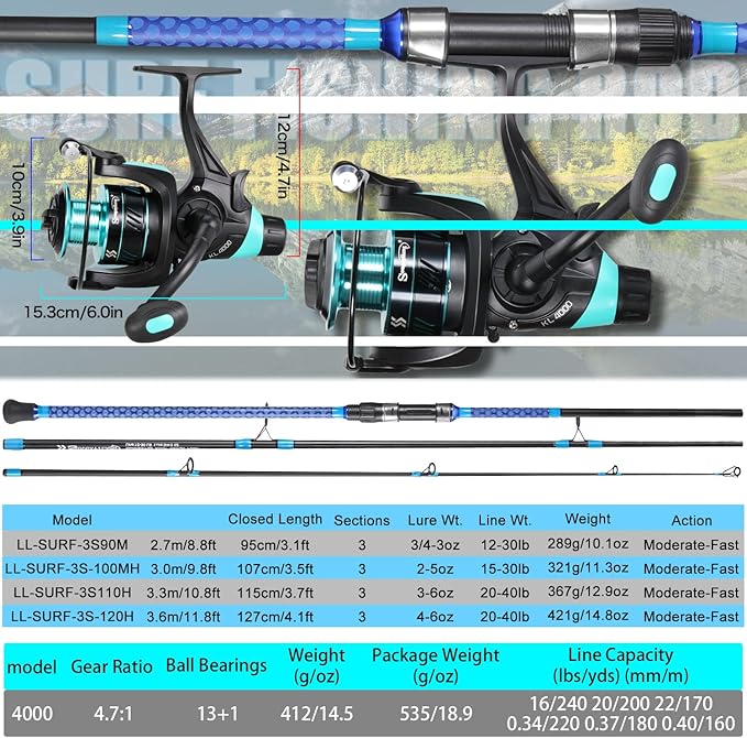 Sougayilang 3 Piece Baitfeeder Combo Surf Fishing Rod Combo Medium/Heavy Travel Spinning Rod with 4000 Size Reel (9'/10'/11'/12')