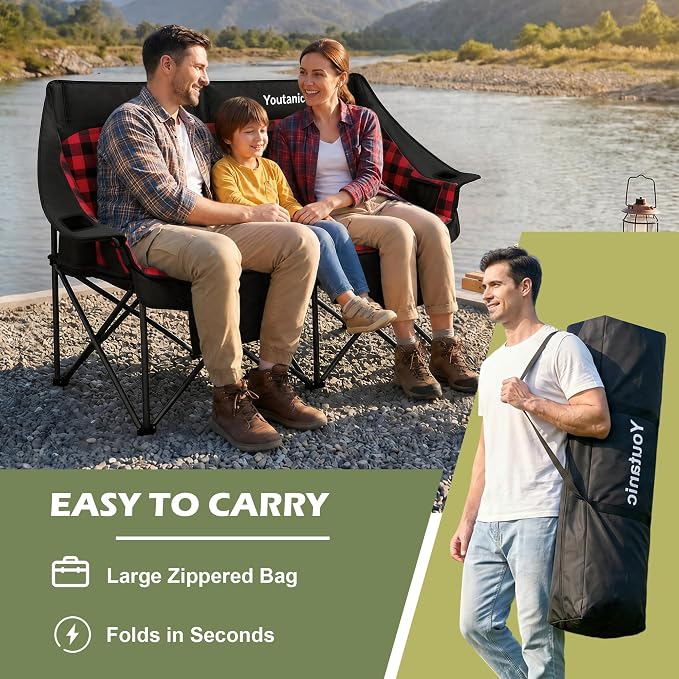 Youtanic Double Camping Chair, Heavy Duty 650lbs Padded Loveseat for Adults, Folding 2 Person Camp Couch with Cup Holder & Carry Bag, Wide Plaid Portable Lawn Seat for Outdoor Beach Sports, Red-Black