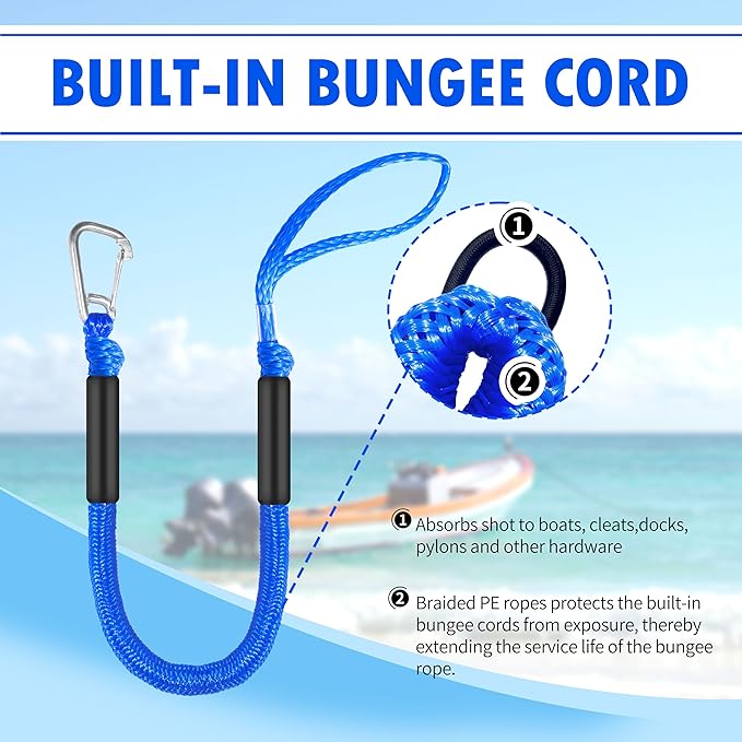 Boat Bungee Dock Lines – Adjustable Boat Tie Downs for Pontoon, Jet Ski, PWC, Kayak | Single Hook Small Cruiser Mooring Lines | (2, Blue, 3 Feet)