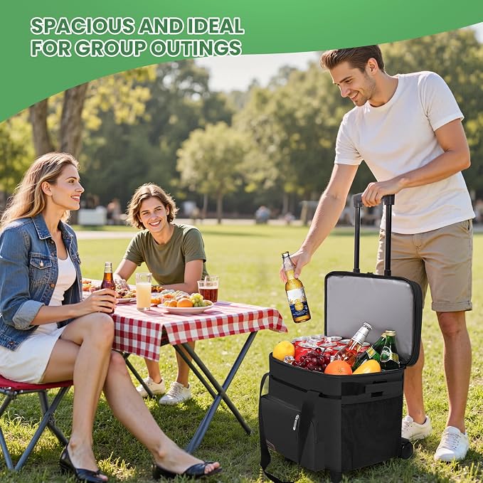 MIYCOO Cooler Bag with Wheels Double Deck - 60 Can Leakproof Insulated Portable Soft Lunch Cooler, Extra Large Expandable Ice Chest Cooler for Beach, Picnic, Camping, Shopping