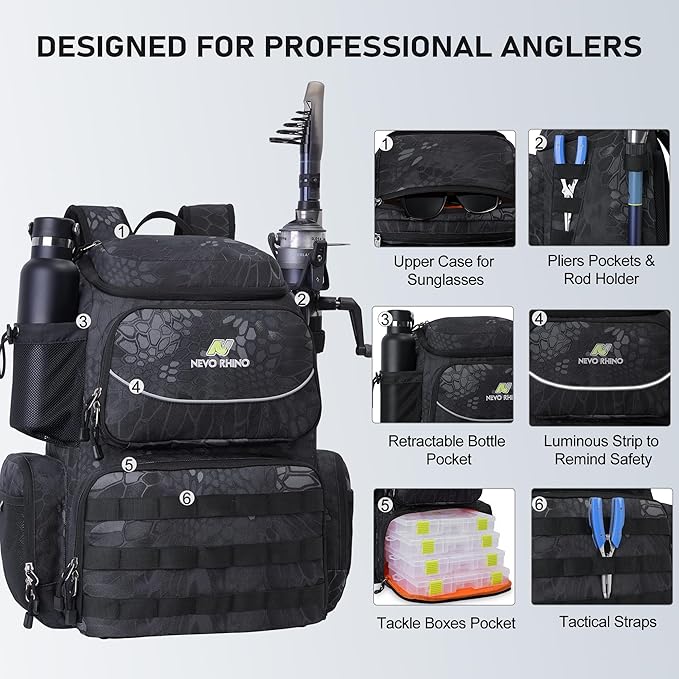 N NEVO RHINO Fishing Tackle Backpack with Rod Holders, 40L Large Fishing Bag with Waterproof Rain Cover,Outdoor Tackle Bag