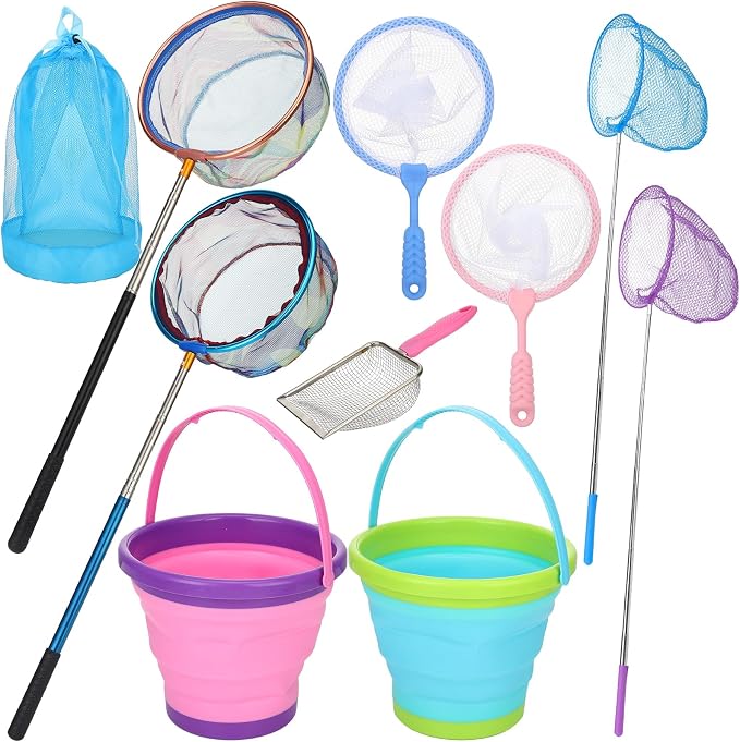 2 Pack Telescopic Kids Fishing Net with Handle, 2 Collapsible Bucket Sand Pail, Stainless Steel Foldable Fishing Net Small Fishing Butterfly Bug Net Beach Shovel with Storage Bag