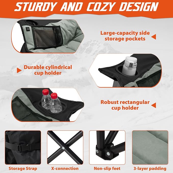 Youtanic Oversized Extra Large Heated Padded Camping Chair up to 500lbs, 3 Heat Levels Camp Chair with Carry Bag, Outdoor Heating Folding Chairs for Adults, Fishing, Sports, Picnic, Black-Gray