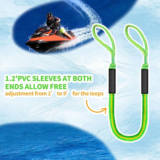 2-Pack Bungee Dock Lines for Boats with Loops, Boat Tie Downs for Docking, Adjustable Boat Mooring Rope for Pontoon, Jon Boat & PWC (Green & Yellow, 4 FT)