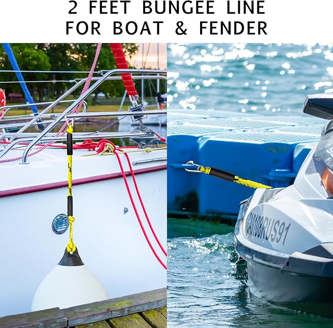 2FT Bungee Dock Line Boat Accessories 2pcs Fender Lines with 316 Stainless Clip for Boat Bumper/Boat Fender for Mooring for Jet Ski, Seadoo, Yamaha (Yellow&Black, 2Feet)