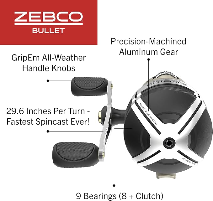 Zebco Bullet MG Spincast Reel and Fishing Rod Combo, IM8 Graphite Rod with MaxTac Grip Rod Handle, Fastest Spincast Reel Ever in an Ultra-Lightweight Magnesium Body, Dark Silver