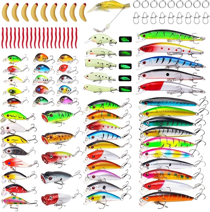 TSKS Fishing Artificial Lures Kit Mixed Including Front Diving Fin Minnow Surface Popper Crank Baits Pencil VIB with Hook and Soft Lures Accessories for Saltwater Freshwater Trout Bass Tackle Gift Set