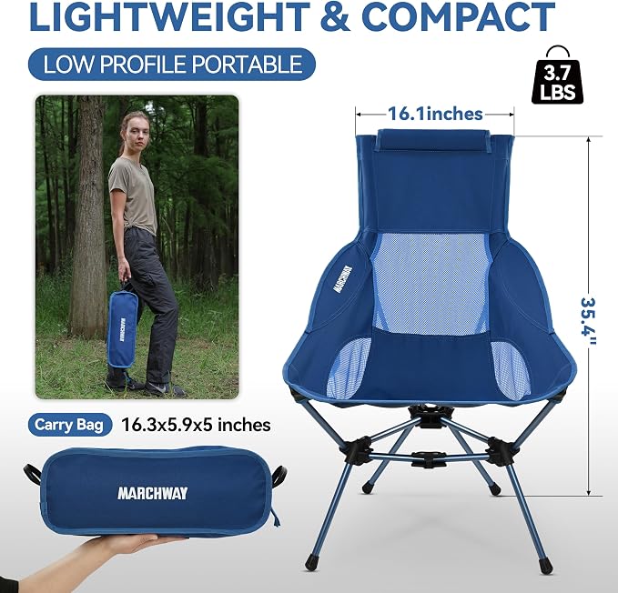 MARCHWAY Lightweight Folding High Back Camping Chair with Head Support, Stable Portable Compact for Outdoor Camp, Travel, Beach, Picnic, Festival, Hiking, Backpacking (Highback Dark Blue)