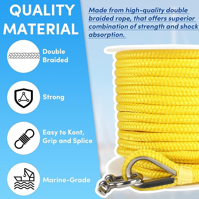 Boat Anchor Rope 100 ft x 3/8 inch Yellow, Double Braided Anchor Line with Stainless Steel Thimble & Shackle, Marine Rope Ideal for Towing,Mooring,Decks,Anchoring,for Boats Up to 27'