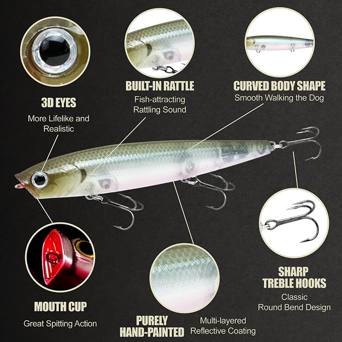 LUCKY CRAFT Gunfish 95 3 Hook Freshwater Fishing Lures and Bait for Bass Fish, Topwater Fish Line, Surface Bait with Treble Hooks, Fishing Gear for Tackle Box