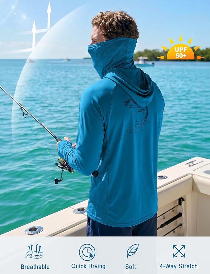 Men's UPF 50+ Long Sleeve Fishing Hoodie, UV Protection Sun Shirt with Hood Mask, Hooded Graphic Shirts for Outdoor