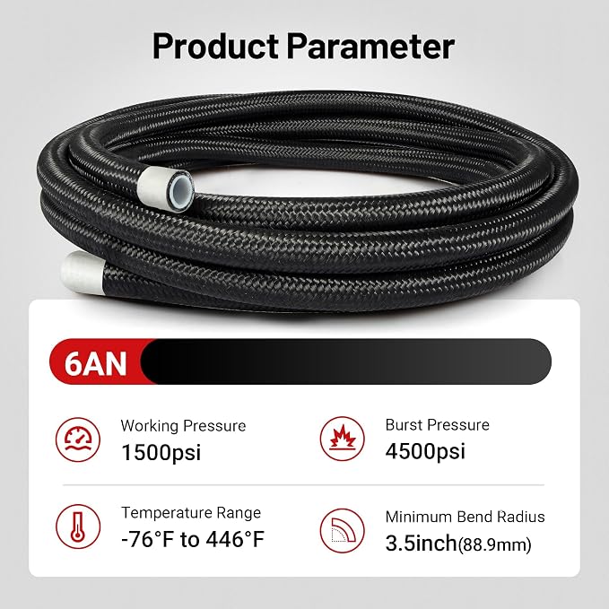 EVIL ENERGY 6AN PTFE Fuel Line Kit,E85 Nylon Braided Fuel Hose 20FT AN6 PTFE Fuel Line Hose(5/16 Inch ID)