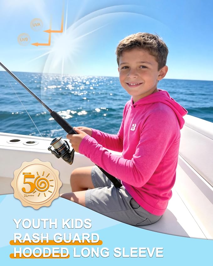 Roadbox Boys Rash Guard Hooded Fishing Shirt, Kids UPF 50+ Long Sleeve Sun Hoodie, Youth UV Protection Beach Swim Shirts
