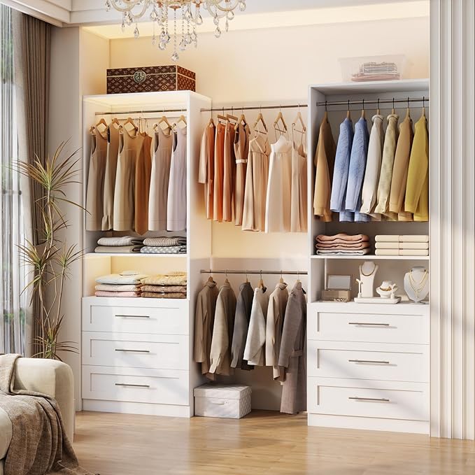 Modular Closet System with 12 Drawers, 8FT Engineered Wood Closet Organizer System for Walk-in Closet, Storage Unit with 8 Extendable Hanging Rods, White (Set of 4)