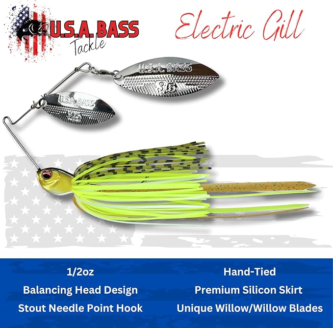 USA BASS Tackle Apache Attack Spinnerbait Type II Largemouth Smallmouth Spotted Bass Premium Fishing Bait Handtied Skirt Custom Blades Heavy Duty Hook New for 2025
