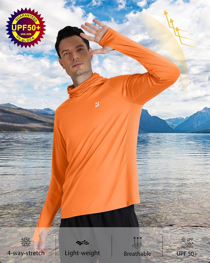 Roadbox Men's UPF 50+ Hooded Fishing Shirts Long Sleeve Sun Protection Hoodie, Hiking Running Swimming Rash Guard with Mask