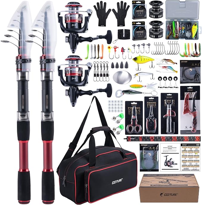 Goture Fishing Rod and Reel Combo, Red Telescopic Fishing Pole with Full Starter Kit & Carrier Bag, Portable 24T Travel Spinning Rod for Bass Trout, Freshwater Beginners Gift