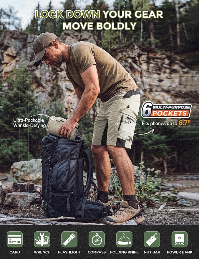 XKTTAC Men's Outdoor Quick Dry Lightweight Stretchy Shorts for Hiking, Tactical, Camping, Travel with 6 Pockets