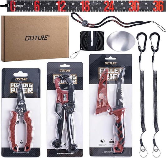 Goture Fishing Tool Kit,Fishing Pliers,Fillet Knife with Sheath,Fish Lip Gripper,Fish Hook Remover,Lanyard,Line Scissors,Sharpener,Stainless Steel Soap,Saltwater Gear Kit,Red/Pink,Gifts for Men/Women