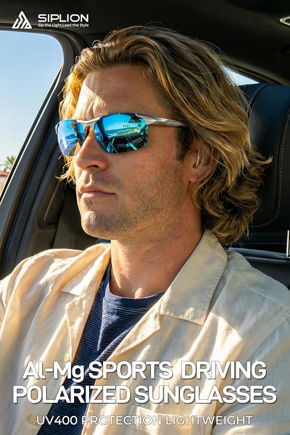 SIPLION Polarized Sunglasses Men Sports: UV Protection Ultra Light Al-Mg Metal Frame Ideal For Driving Fishing Running Golf