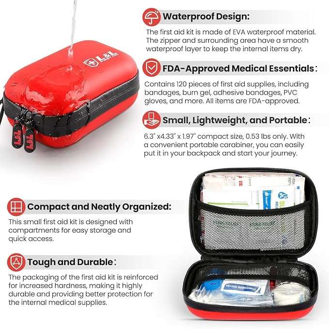 Emergency Kit 120 Piece Travel Car Survival Gear First Aid Kit,Waterproof Emergency Mini First Aid Kits,Portable Small First Aid Kit for Survival Car Travel Office Camping Sports Hiking (Red)