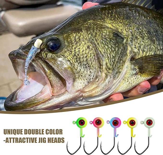 Painted Crappie Jig Heads 3D Eyes Fishing Hooks with Wire Keeper Lures for Crappie Panfish Bass Fishing Jig Hooks Assortment 1/16 oz 1/8 oz 3/16oz 3/8 oz 1/4 oz