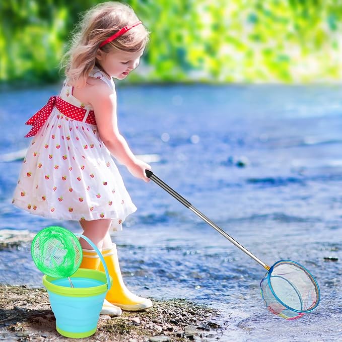 2 Pack Telescopic Kids Fishing Net with Handle, 2 Collapsible Bucket Sand Pail, Stainless Steel Foldable Fishing Net Small Fishing Butterfly Bug Net Beach Shovel with Storage Bag