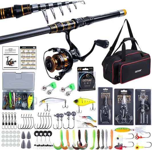 Goture Fishing Rod and Reel Combos, 1.8M-2.7M Carbon Fiber Telescopic Fishing Pole with Spinning Reel, Lures Set, 900D Carrier Bag, Travel Full Kit for Freshwater Saltwater, Beginners & Anglers
