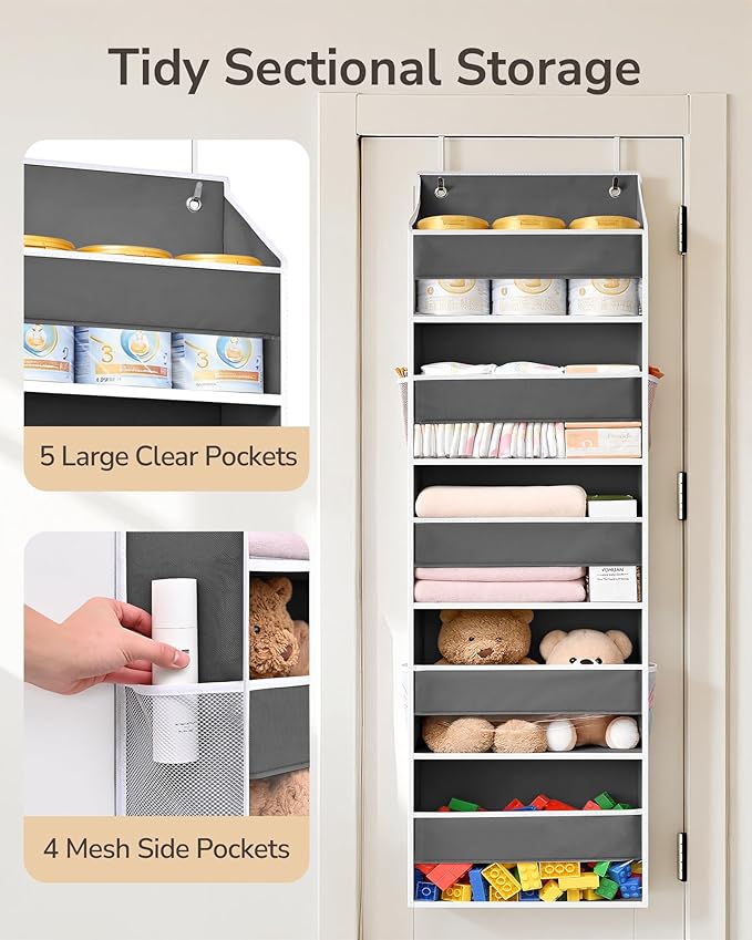 ULG Over-The-Door Organizer 5 Tiers, Large Pocket Hanging Rack with 4 Mesh Side Pockets, Space Saving Closet Door Organizer for Clothes, Shoes, Toys, Accessories, Support 44 LBS Max, Grey, 2-Pack