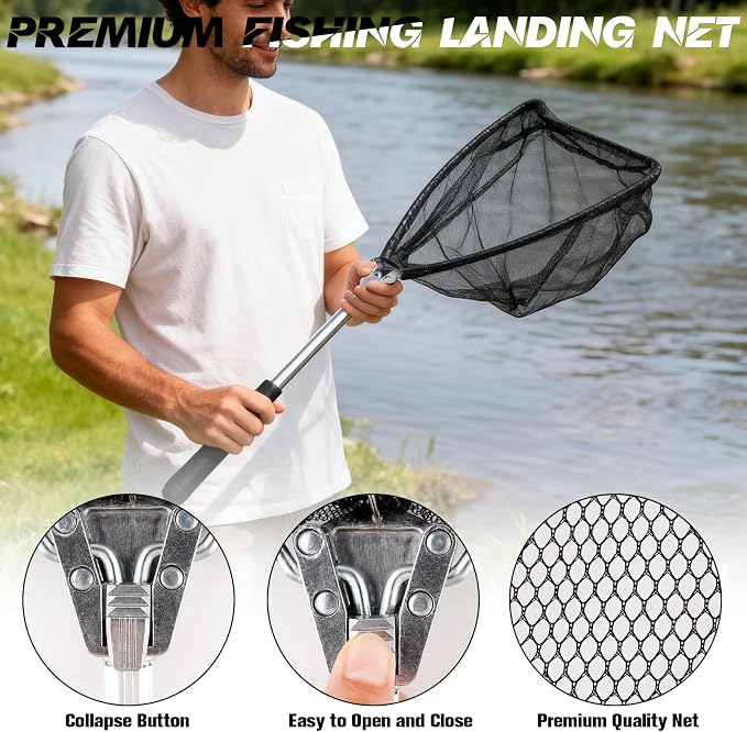 Hikary 10 Pcs Fishing Tool Kit,Folding Fishing Net Set with Storang Bag,Pliers with Lanyard and Protective Sheaths,Hook Remover,Fish Gripper,Fish Scale,Scissors for Fisherman Travel Gifts