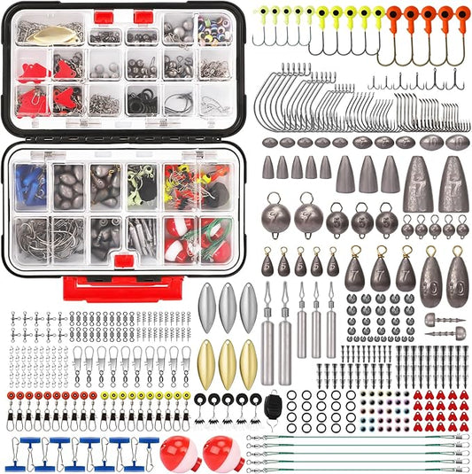 TRUSCEND Complete Fishing Accessories - Tackle Box with Tackle Included, Fishing Hooks, Jig Heads, Sinkers, Weights, Swivels, Snaps, Bobbers, Leaders - Fishing Gear Set for Bass Trout Panfish Walleye