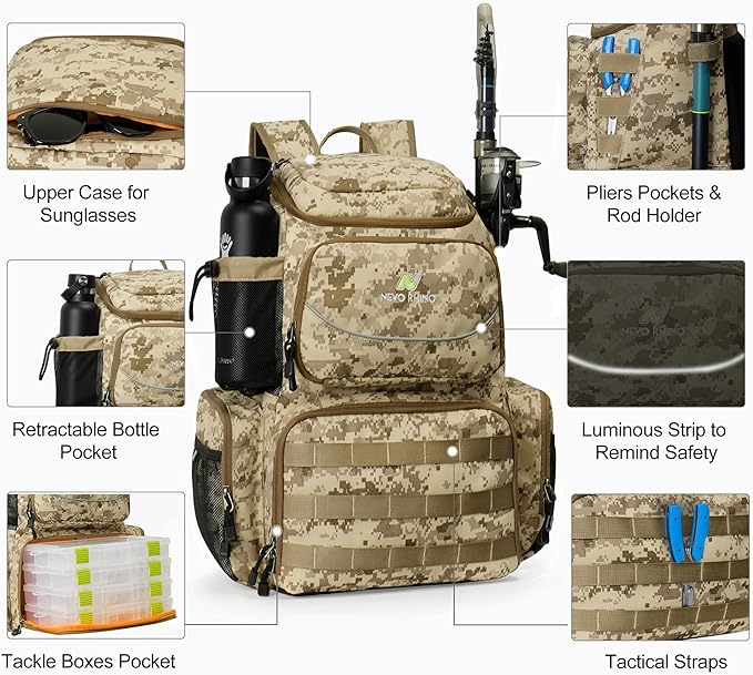 N NEVO RHINO Fishing Tackle Backpack with Rod Holders, 40L Large Fishing Bag with Waterproof Rain Cover,Outdoor Tackle Bag