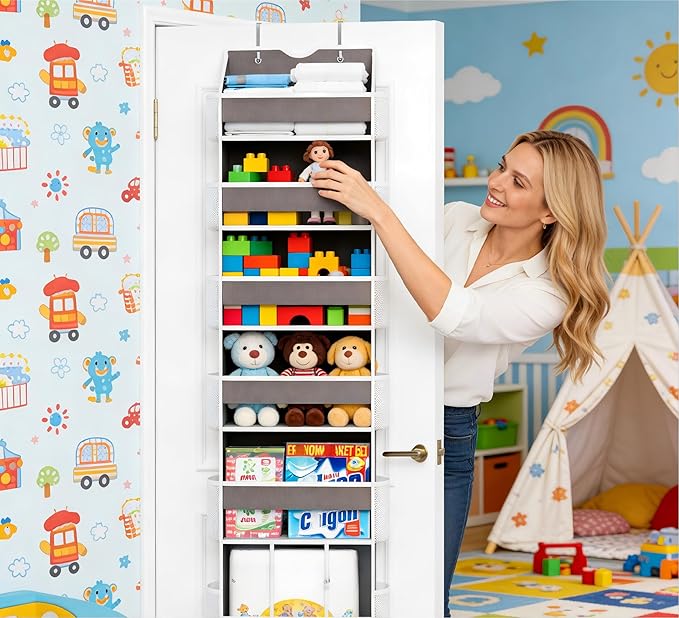 2-Pack Over The Door Organizer Hanging 6-Shelf Storage Organizer with 50lb Heavy Duty Perfect for Bathroom Closet Nursery Bedroom Pantry Laundry (Grey)