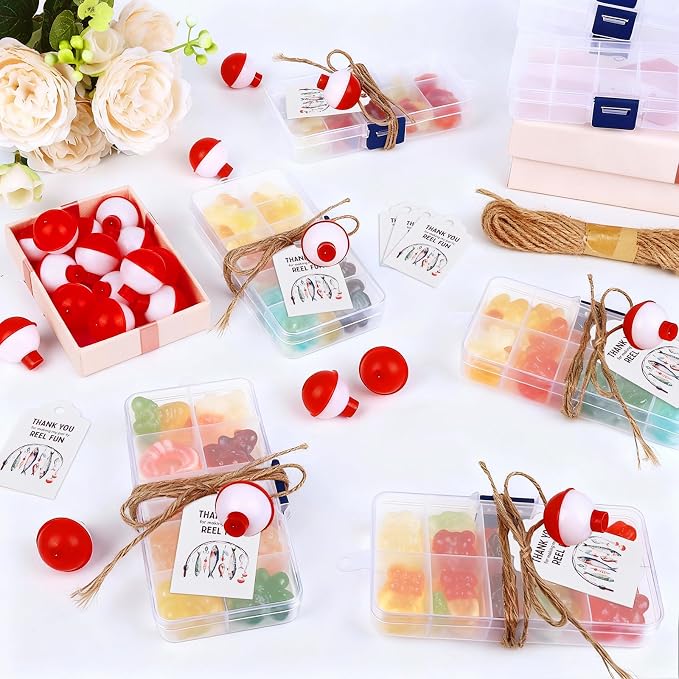 Draupnir 30 Sets Fishing Party Favors Candy Tackle Boxes with 30 Fishing Bobber 30 Thank You Cards for Fishing Theme Decorations