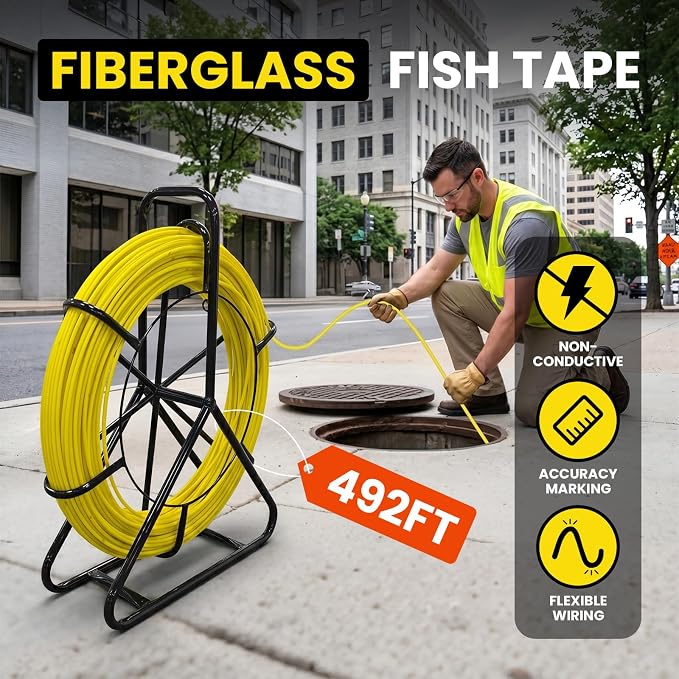 492FT 1/4 inch(6MM) Fish Tape Fiberglass with Meter Markings, Duct Rodder Cable Puller with Steel Reel Stand, Fishing Tools for Walls and Electrical Conduit, Non-Conductive