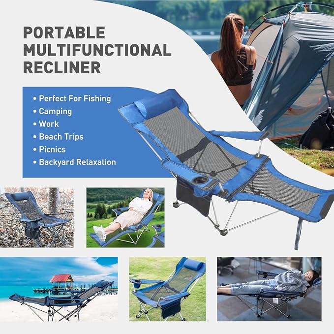 Zero Gravity Chair Reclining Folding Chair with Removable Footrest and Pillow & Cup Holder, Adjustable Outdoor Oxford Fabric Lounge Recliner for Camping, Beach, Garden, Patio, Blue Mesh