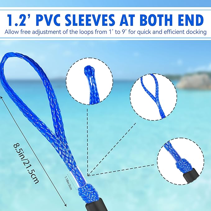 Boat Bungee Dock Lines – Adjustable Boat Tie Downs for Pontoon, Jet Ski, PWC, Kayak | Single Hook Small Cruiser Mooring Lines (2, Blue, 4 Feet)