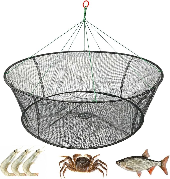 Portable Folded Fishing Net, Crab Net Fish Net with Fishing Rope, Hand Casting Cage Crab Net, Foldable Fishing Mesh Trap for,Minnows,Lobster,Crawfish, Shrimp etc.