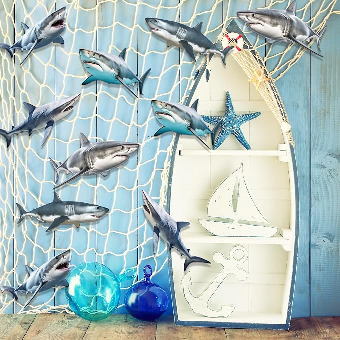 Silipull 11 Pcs Shark Birthday Party Decorations Kit Fishing Net Cute Cardstock Photo Prop for Birthday Sea Animal Indoor Outdoor Dessert Table Party Supply