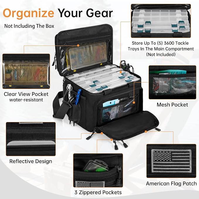 Fishing Tackle Bag - Holds 3400-3600 Size Tackle Boxes -Saltwater & Freshwater Fishing Bags - Padded Shoulder Strap Fishing Bags (Black) (Bag Only)