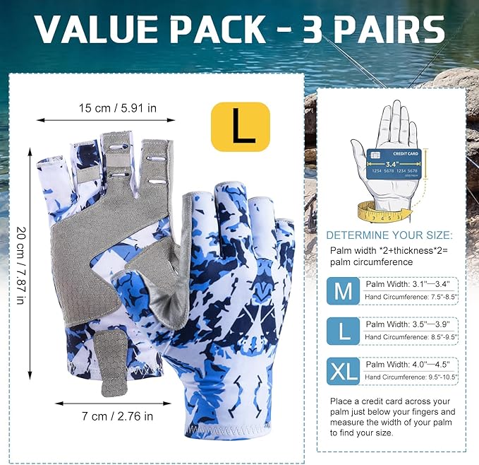Unittype 3 Pairs Fishing Gloves, UPF50 Fingerless Sun Protection Gloves for Outdoor Fishing, Breathable Non-Slip Grip, Sky Blue