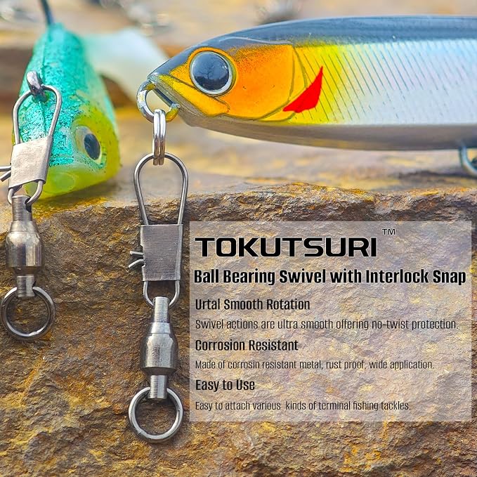 Ball Bearing Snap Swivels Fishing Saltwater Freshwater Snap Swivels Fishing Tackle Swivel with Interlock Snap Clips Stainless Steel Black