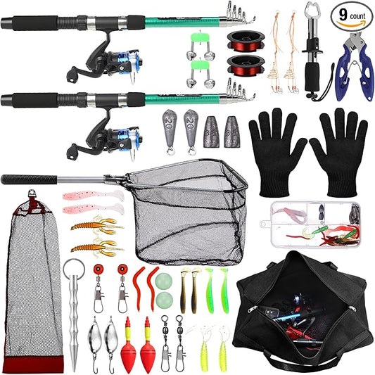 MiniInflat Telescopic Fishing Rod and Reel Combo, 6.89ft 2pcs Collapsible Rod with Plier Lip Gripper Lures Carrier Bag Pre-Loaded Spinning Reel Saltwater Freshwater Fishing Pole Kit