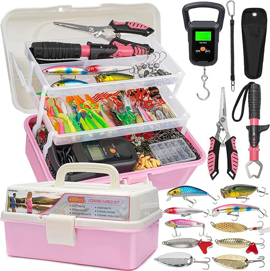 THKFISH 400PCS Fishing Lures Accessories Kit with Large 3-Layer Tackle Box Complete Freshwater Bass Fishing Gear Tools Set with Pliers, Fish Scale, Spinner bait, Hooks, Weights Sinkers, Gift for Women