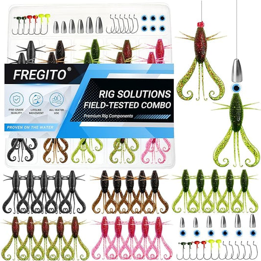 49pcs Soft Fishing Lures Kit – Texas Rig Kit for Bass Fishing with Silicone Shrimp Baits, Hooks, Weights & 3D Eyes – Bass, Crappie & Trout Tackle for Freshwater & Saltwater