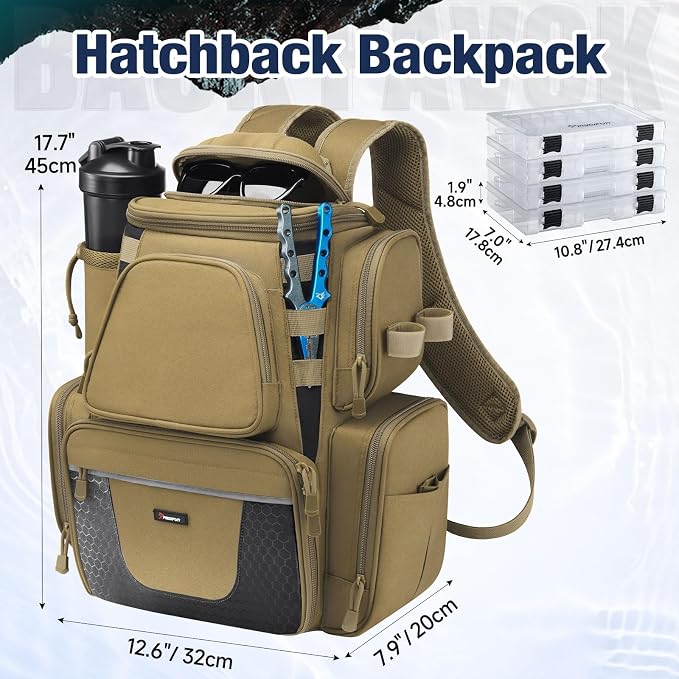 Piscifun Fishing Backpack with 2 Rod Holders & 4 Tackle Boxes, Large Tackle Storage Bag With Rain Cover for Fishing Gear