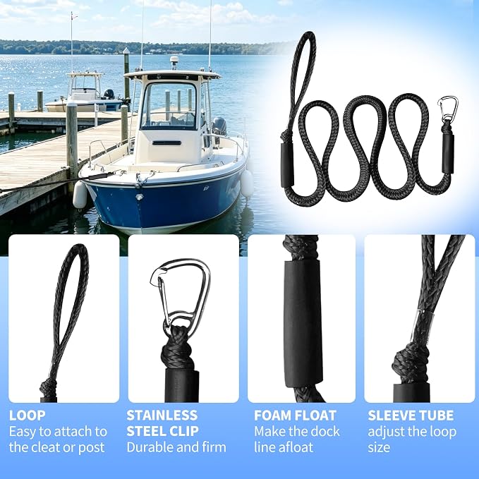Bungee Dock Line with Stainless Steel Clip Boat Rope Mooring String with Foam Float for Docking,Kayak,Watercraft,SeaDoo,Pontoon,Canoe,Power Boat Accessory,7-10ft（Black,with One Hook）