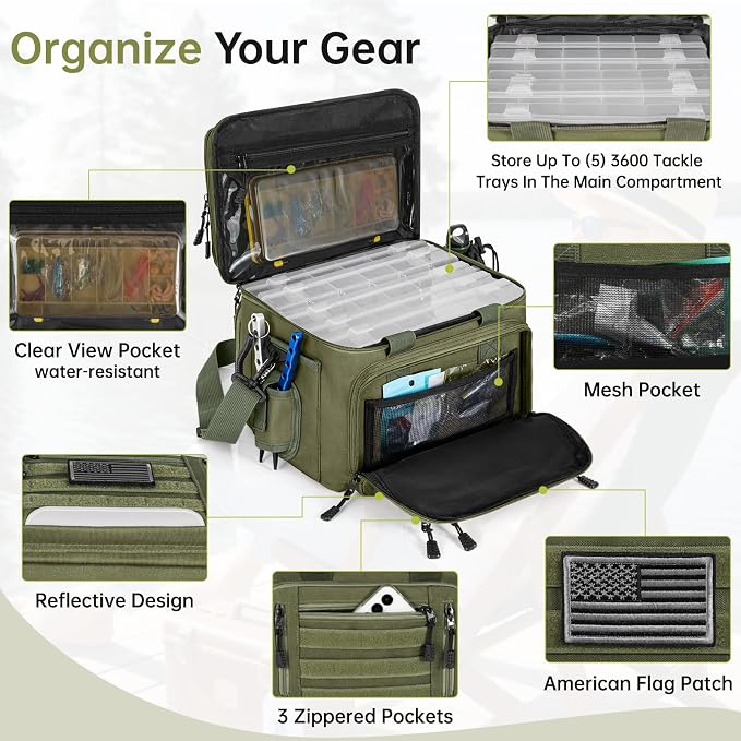 Fishing Tackle Bags with 4 * 3600 Tackle Trays - Saltwater & Freshwater Fishing Gear Bag Padded Shoulder Strap Tackle Box Bag (Green)