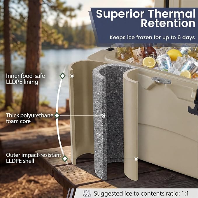 COSTWAY Portable Insulated Hard Cooler – Keeps Ice Up to 6 Days, Heavy-Duty Outdoor Ice Chest with Cup Holders, Built-in Fish Ruler & Bottle Opener for Camping, Fishing, Beach, Tailgating
